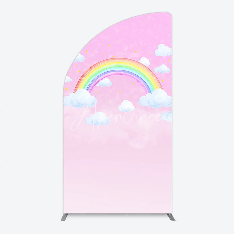 Aperturee - Aperturee Pink Rainbow and Clouds Half Moon Arch Backdrop Dreamy Pastel Sky for Baby Shower Birthday Party
