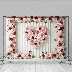 Aperturee - Aperturee Pink Red and White Floral Heart Photography Backdrop Romantic Rose and Hydrangea Paneled Wall Decor