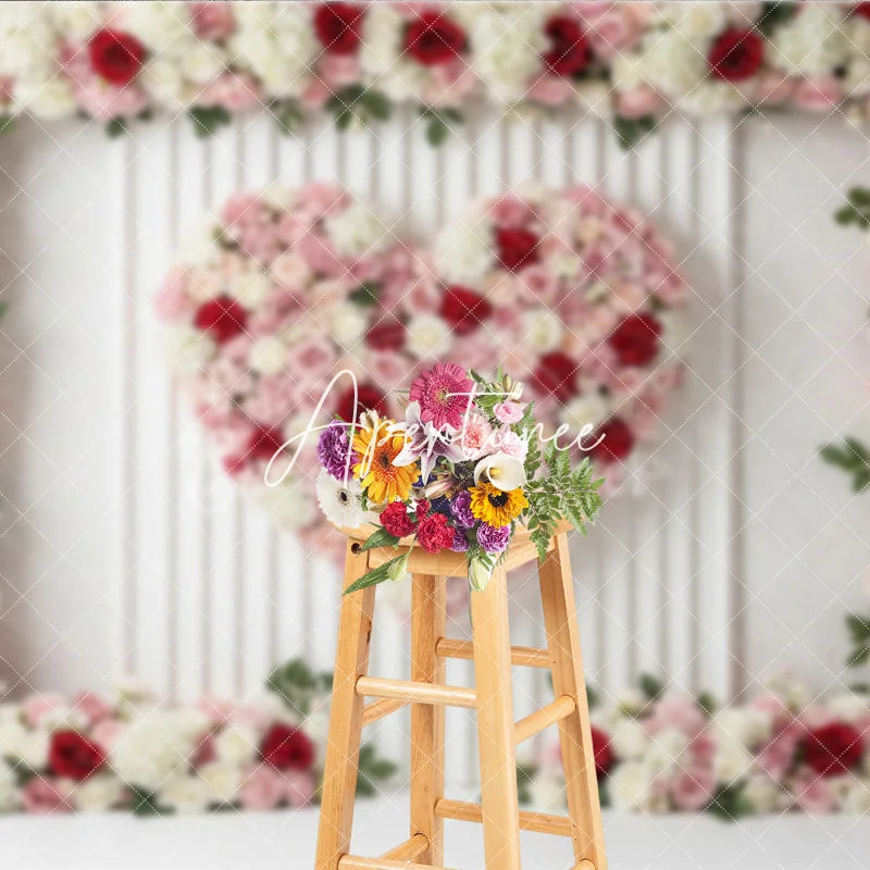 Aperturee - Aperturee Pink Red and White Floral Heart Photography Backdrop Romantic Rose and Hydrangea Paneled Wall Decor