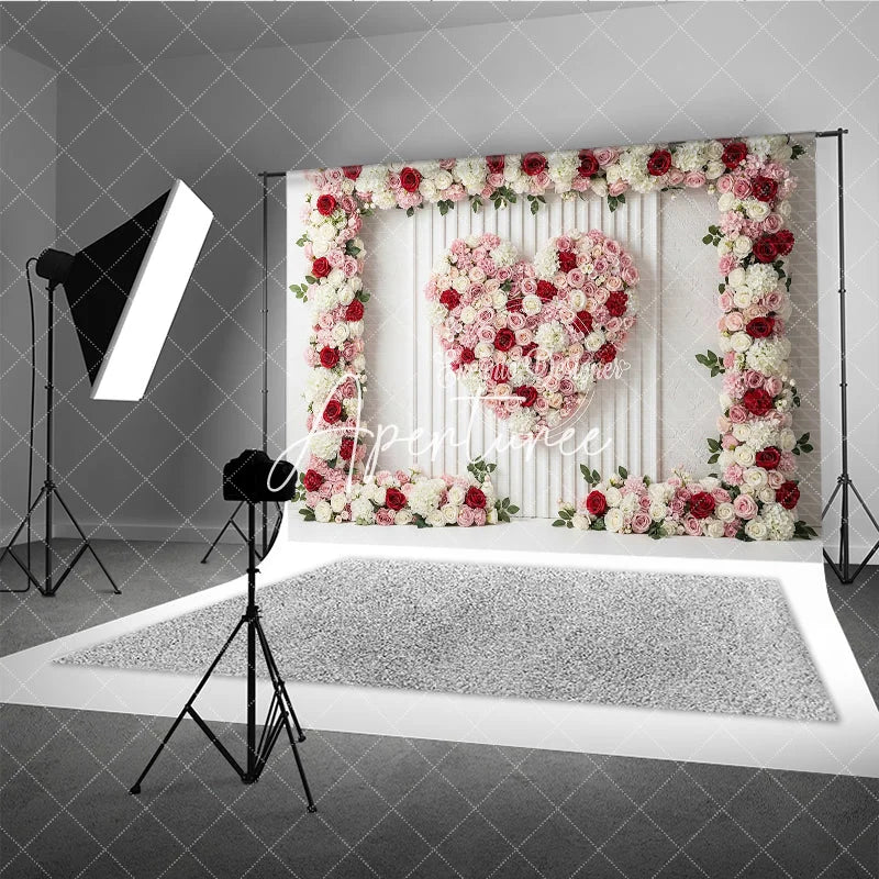 Aperturee - Aperturee Pink Red and White Floral Heart Photography Backdrop Romantic Rose and Hydrangea Paneled Wall Decor