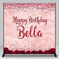 Aperturee - Aperturee Pink Red Glitter Rose Personalized Custom Birthday Backdrop Elegant Party Decor with Bokeh and String Lights