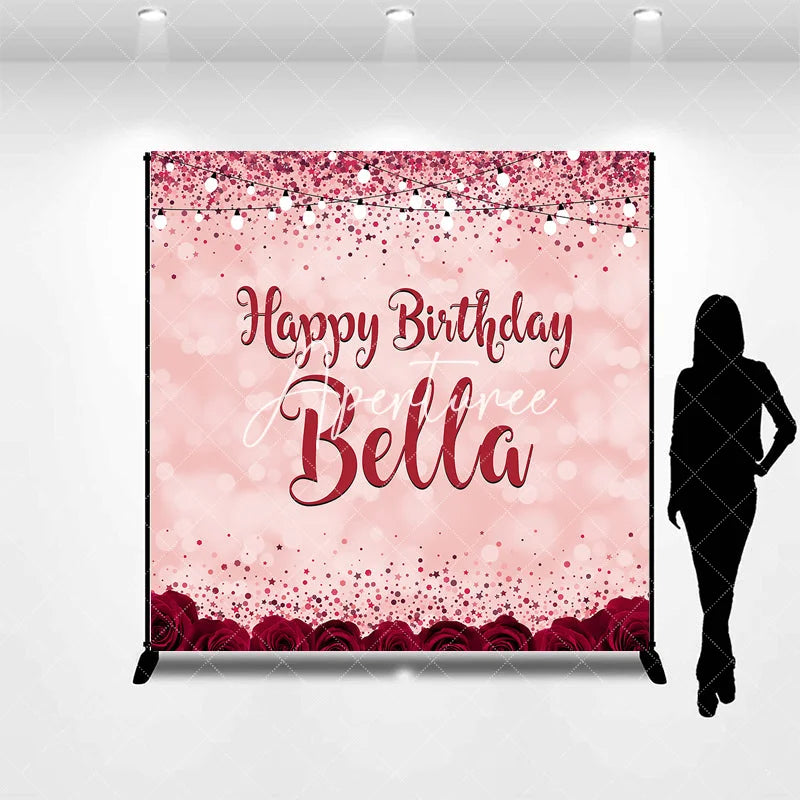 Aperturee - Aperturee Pink Red Glitter Rose Personalized Custom Birthday Backdrop Elegant Party Decor with Bokeh and String Lights