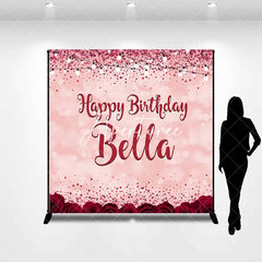 Aperturee - Aperturee Pink Red Glitter Rose Personalized Custom Birthday Backdrop Elegant Party Decor with Bokeh and String Lights