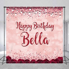 Aperturee - Aperturee Pink Red Glitter Rose Personalized Custom Birthday Backdrop Elegant Party Decor with Bokeh and String Lights
