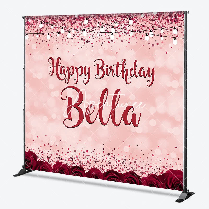 Aperturee - Aperturee Pink Red Glitter Rose Personalized Custom Birthday Backdrop Elegant Party Decor with Bokeh and String Lights