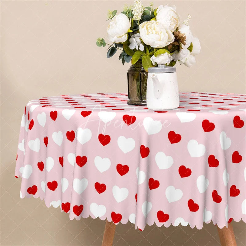 Aperturee - Aperturee Pink Red Heart Pattern Round Tablecloth Sweet Love Polka Dot Table Cover for Girls Party