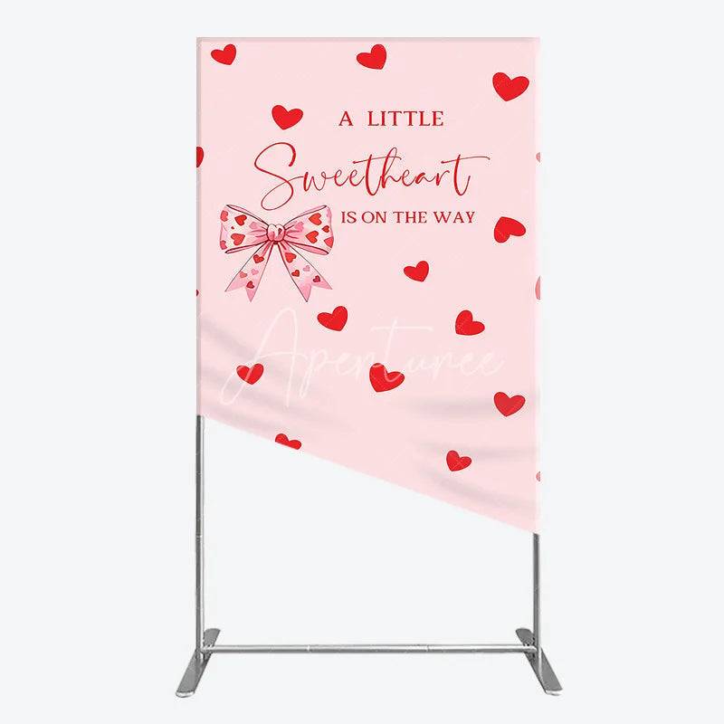 Aperturee - Aperturee Pink Red Hearts Bow Baby Shower Rectangle Arch Backdrop Sweetheart Is On The Way Party Decor