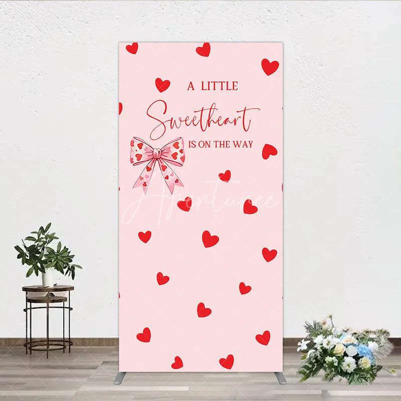 Aperturee - Aperturee Pink Red Hearts Bow Baby Shower Rectangle Arch Backdrop Sweetheart Is On The Way Party Decor