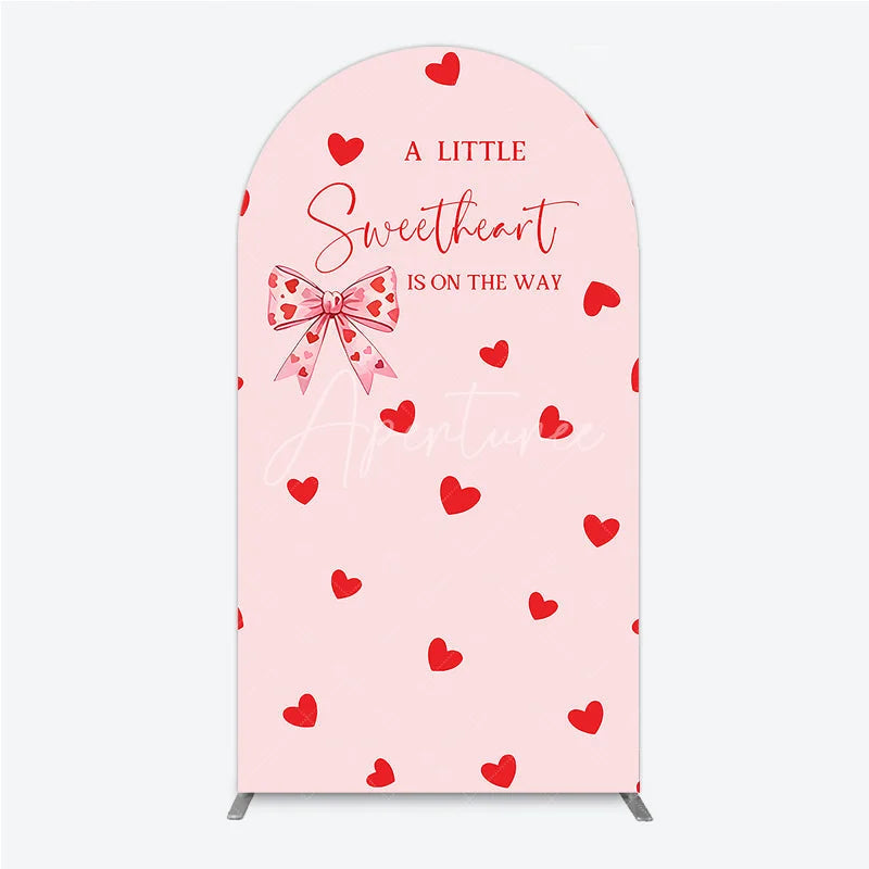 Aperturee - Aperturee Pink Red Hearts Bow Round Top Arch Backdrop Sweetheart Is On The Way Baby Shower Party Decor