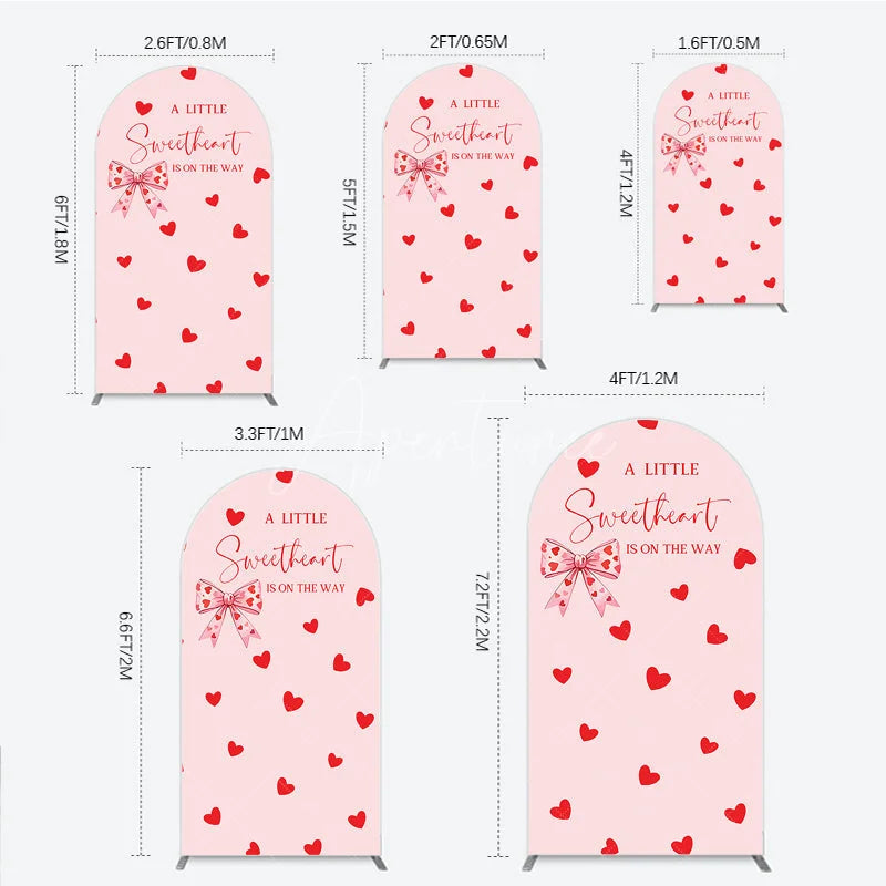 Aperturee - Aperturee Pink Red Hearts Bow Round Top Arch Backdrop Sweetheart Is On The Way Baby Shower Party Decor