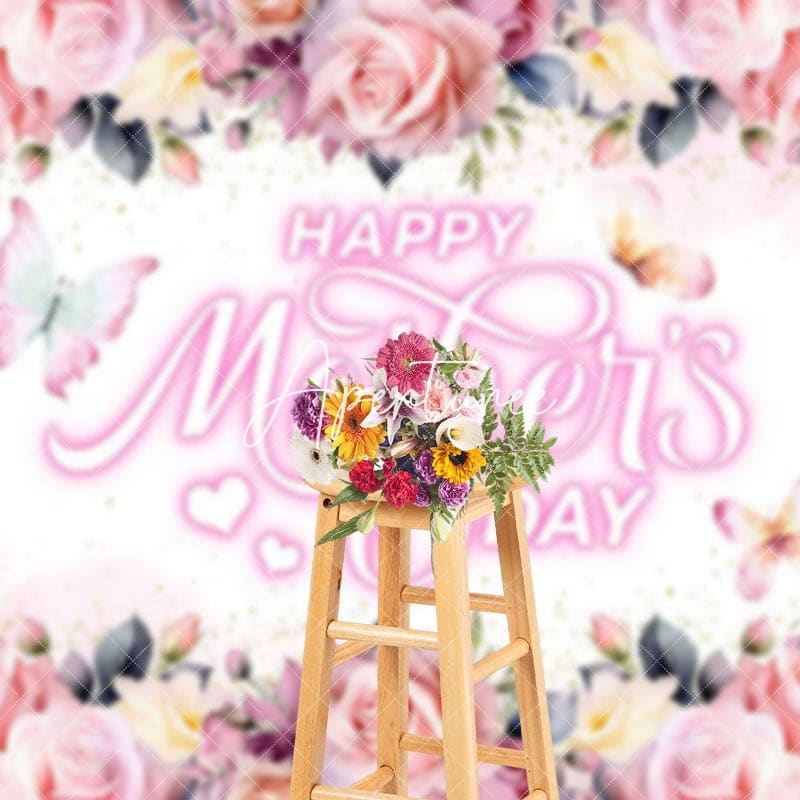 Aperturee - Aperturee Pink Romantic Floral Butterfly Mothers Day Backdrop