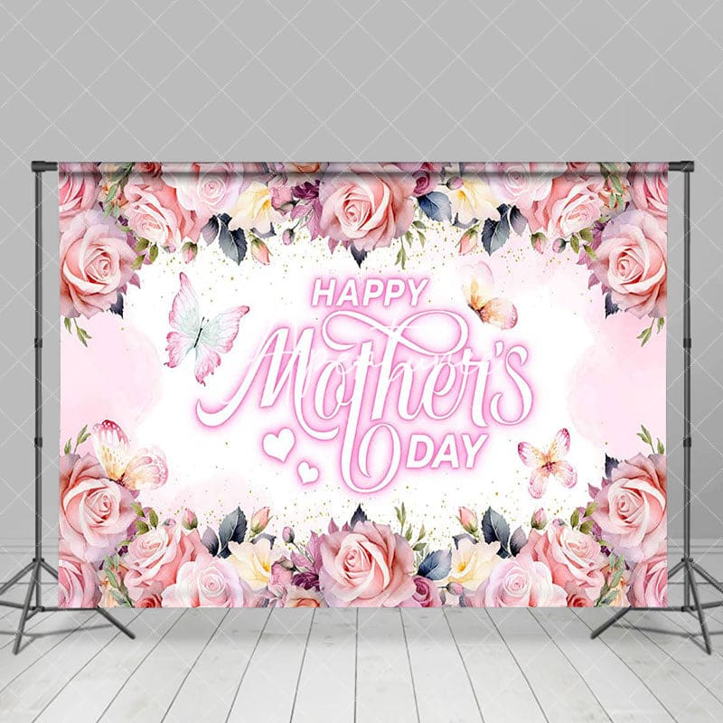 Aperturee - Aperturee Pink Romantic Floral Butterfly Mothers Day Backdrop