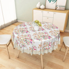 Aperturee - Aperturee Pink Rose and Gold Scroll Round Tablecloth Elegant Shabby Chic Dining Decor