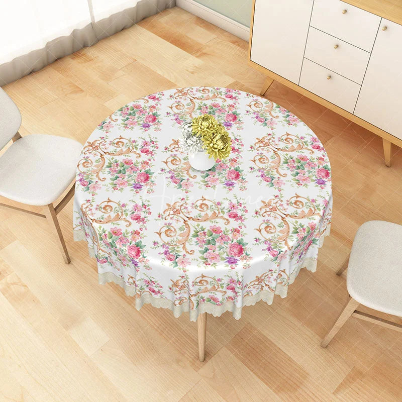 Aperturee - Aperturee Pink Rose and Gold Scroll Round Tablecloth Elegant Shabby Chic Dining Decor