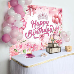 Aperturee - Aperturee Pink Rose Bow Crown Glitter Happy Birthday Backdrop