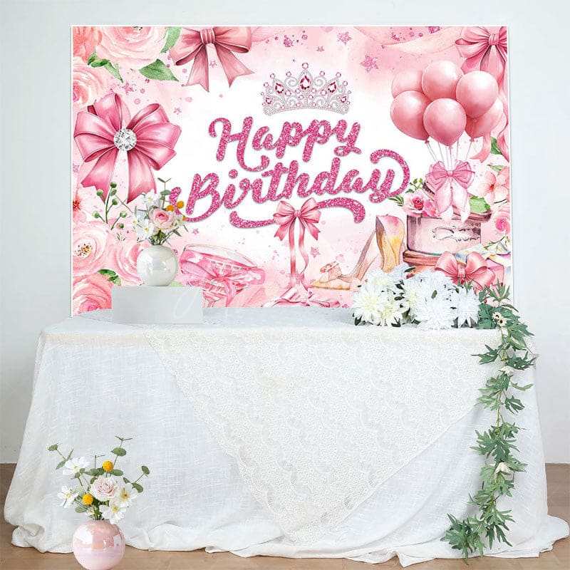 Aperturee - Aperturee Pink Rose Bow Crown Glitter Happy Birthday Backdrop
