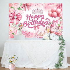Aperturee - Aperturee Pink Rose Bow Crown Glitter Happy Birthday Backdrop