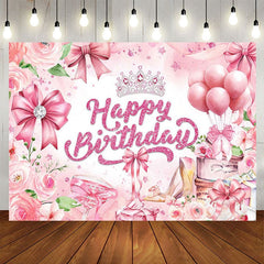 Aperturee - Aperturee Pink Rose Bow Crown Glitter Happy Birthday Backdrop