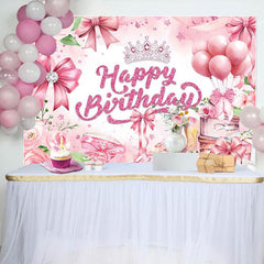 Aperturee - Aperturee Pink Rose Bow Crown Glitter Happy Birthday Backdrop