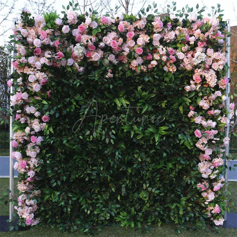Aperturee - Aperturee Pink Rose Faux Floral Wall Backdrop For Wedding Photo