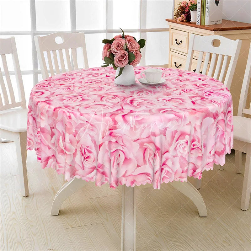 Aperturee - Aperturee Pink Rose Flower Round Tablecloth Soft Pastel Floral Bloom Table Cover for Wedding