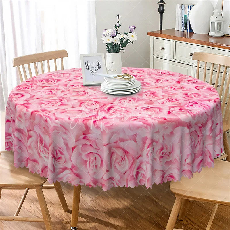 Aperturee - Aperturee Pink Rose Flower Round Tablecloth Soft Pastel Floral Bloom Table Cover for Wedding
