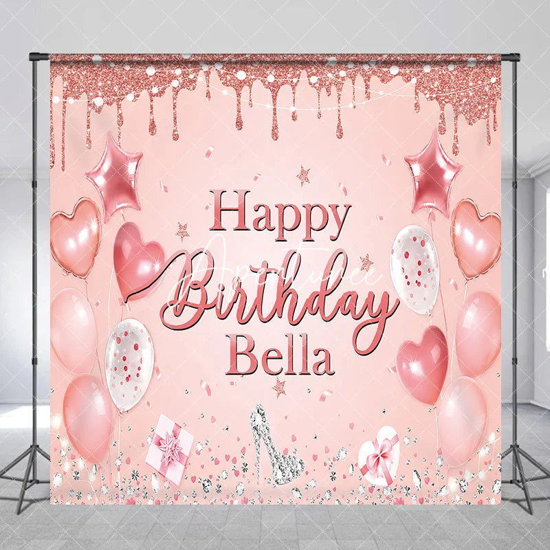 Aperturee - Aperturee Pink Rose Gold Glitter Happy Birthday Custom Backdrop Elegant Balloons Diamonds High Heel Party Decor