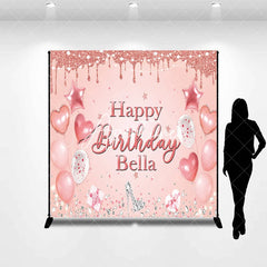 Aperturee - Aperturee Pink Rose Gold Glitter Happy Birthday Custom Backdrop Elegant Balloons Diamonds High Heel Party Decor