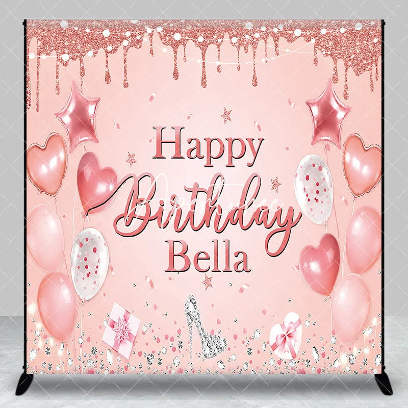 Aperturee - Aperturee Pink Rose Gold Glitter Happy Birthday Custom Backdrop Elegant Balloons Diamonds High Heel Party Decor