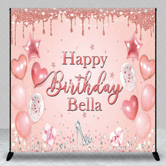Aperturee - Aperturee Pink Rose Gold Glitter Happy Birthday Custom Backdrop Elegant Balloons Diamonds High Heel Party Decor