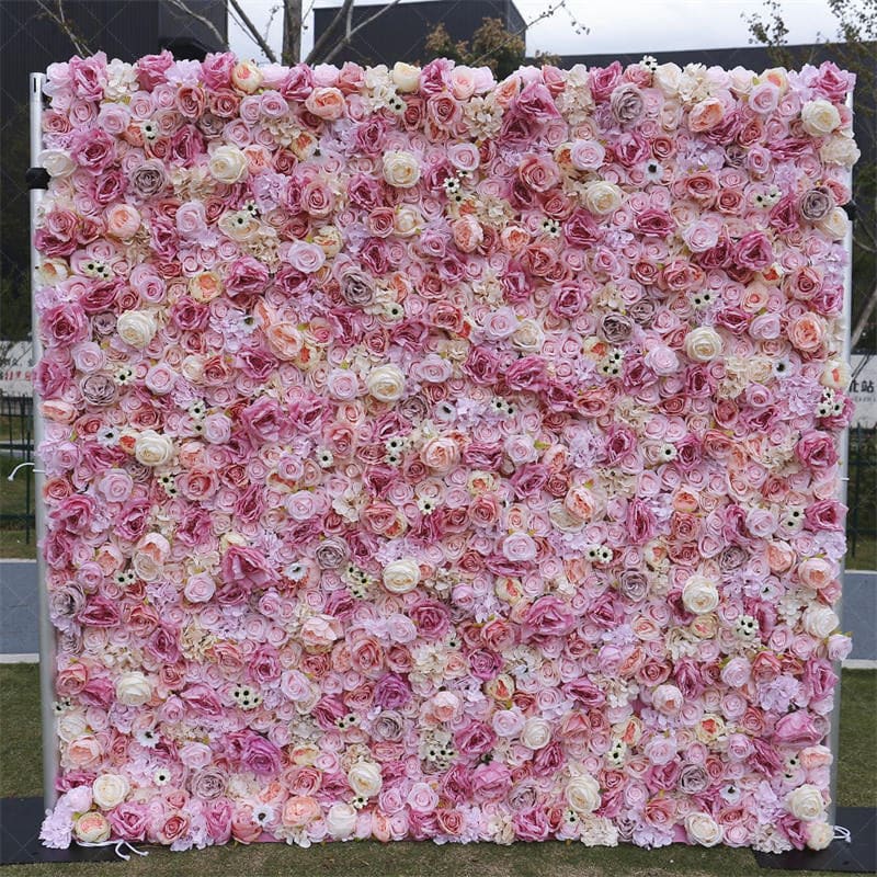 Aperturee - Aperturee Pink Rose Wedding Decoration Faux Flower Wall Panels
