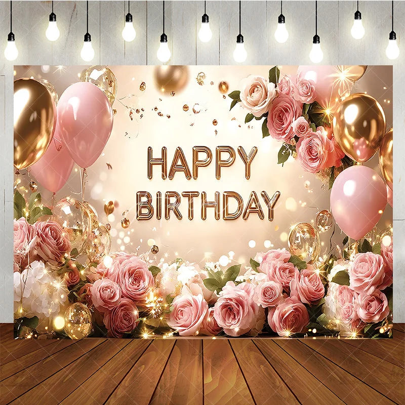 Aperturee - Aperturee Pink Roses and Gold Balloons Birthday Backdrop Elegant Floral Glitter Happy Birthday Party Background for Women