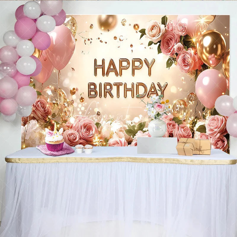 Aperturee - Aperturee Pink Roses and Gold Balloons Birthday Backdrop Elegant Floral Glitter Happy Birthday Party Background for Women