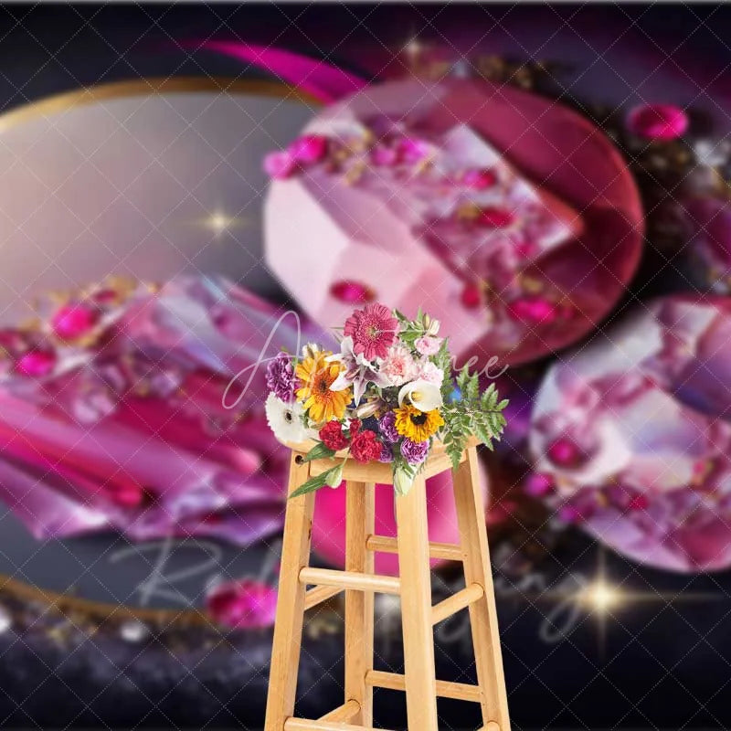 Aperturee - Aperturee Pink Round Crystal Gems and Gold Rings Backdrop Abstract Art Photography Background Modern Event Decor
