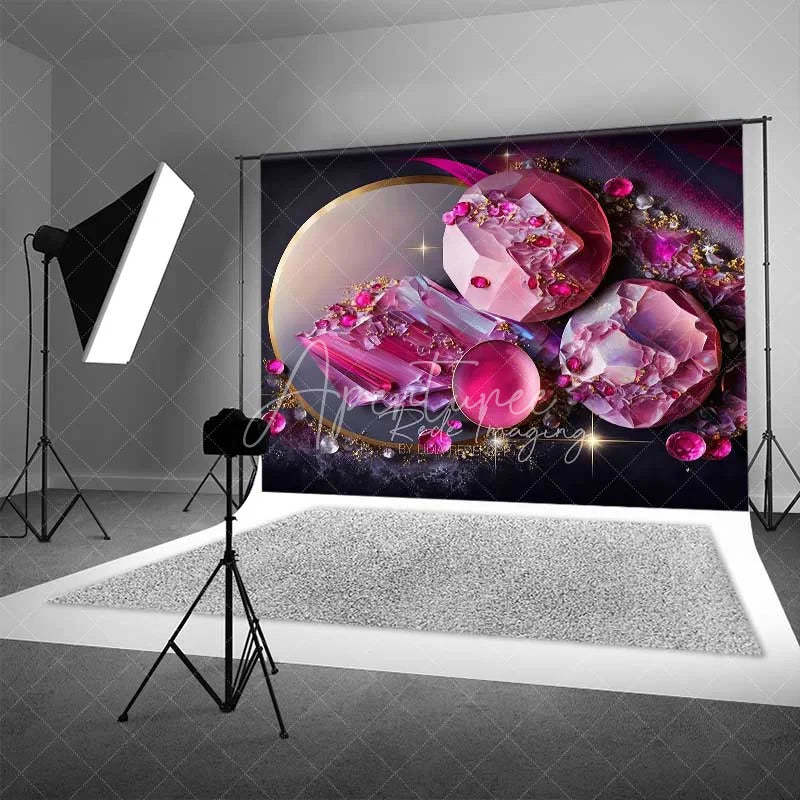 Aperturee - Aperturee Pink Round Crystal Gems and Gold Rings Backdrop Abstract Art Photography Background Modern Event Decor