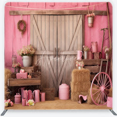 Aperturee - Aperturee Pink Rustic Barn Door Square Double-Sided Backdrop with Hay Bales Flowers and a Pink Wagon Wheel for Celebrations