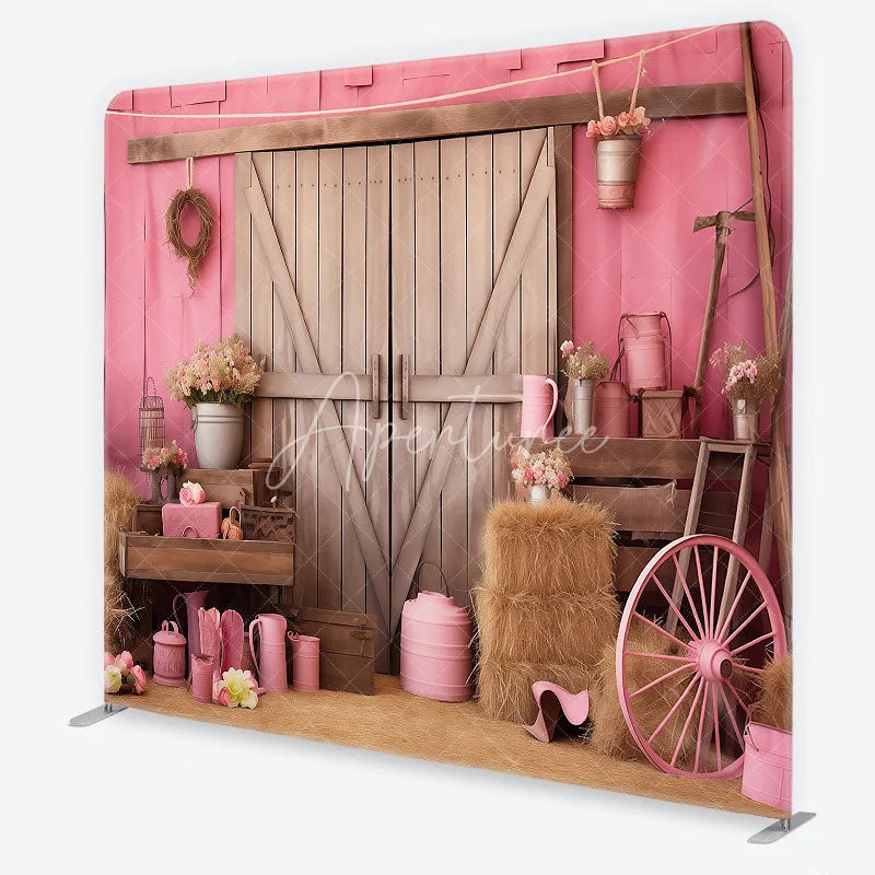 Aperturee - Aperturee Pink Rustic Barn Door Square Double-Sided Backdrop with Hay Bales Flowers and a Pink Wagon Wheel for Celebrations