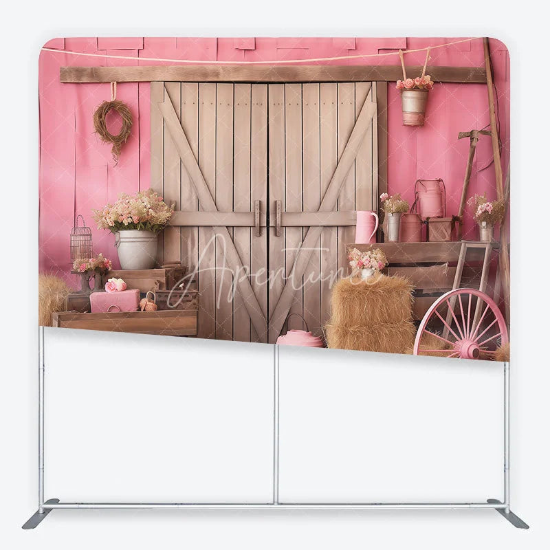 Aperturee - Aperturee Pink Rustic Barn Door Square Double-Sided Backdrop with Hay Bales Flowers and a Pink Wagon Wheel for Celebrations