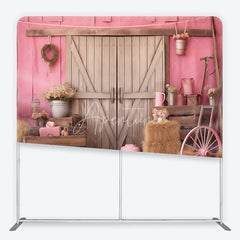Aperturee - Aperturee Pink Rustic Barn Door Square Double-Sided Backdrop with Hay Bales Flowers and a Pink Wagon Wheel for Celebrations