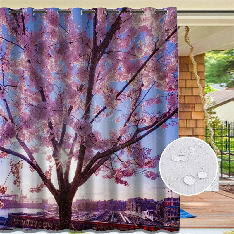 Aperturee - Aperturee Pink Sakura Waterproof Pattern Outdoor Curtains For Porch