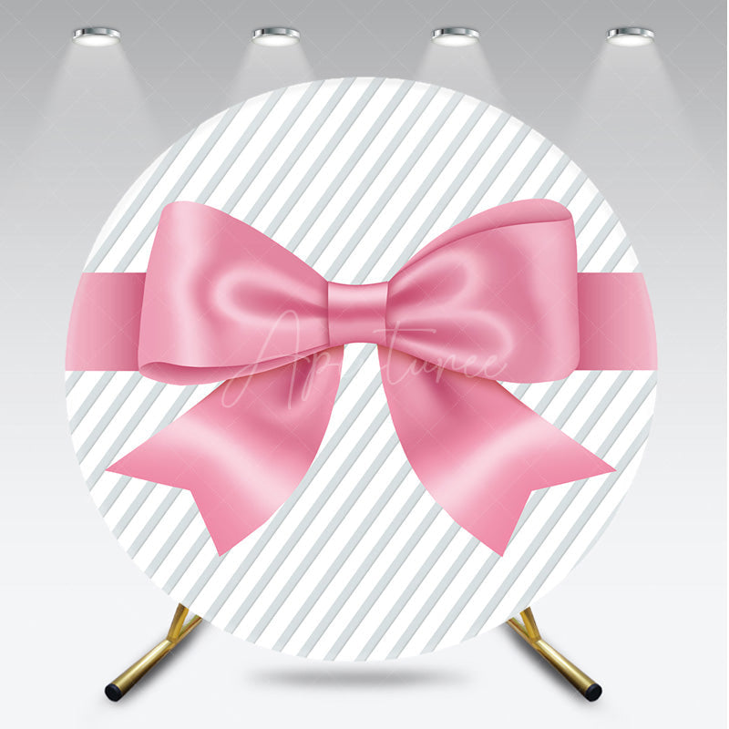 Aperturee - Aperturee Pink Satin Bow and Stripes Round Backdrop Kit Gift Present Theme for Girls Birthday or Baby Shower Decor