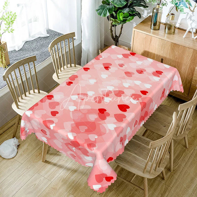 Aperturee - Aperturee Pink Scattered Heart Rectangle Tablecloth Soft Pastel Love Pattern Dreamy Valentine Kitchen Decor