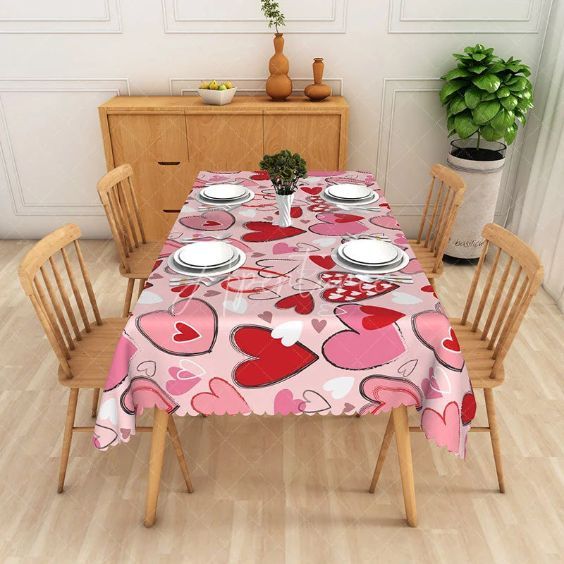 Aperturee - Aperturee Pink Scribble Heart Rectangle Tablecloth Sketchy Love Art Table Cover Modern Valentine Day Party Decor