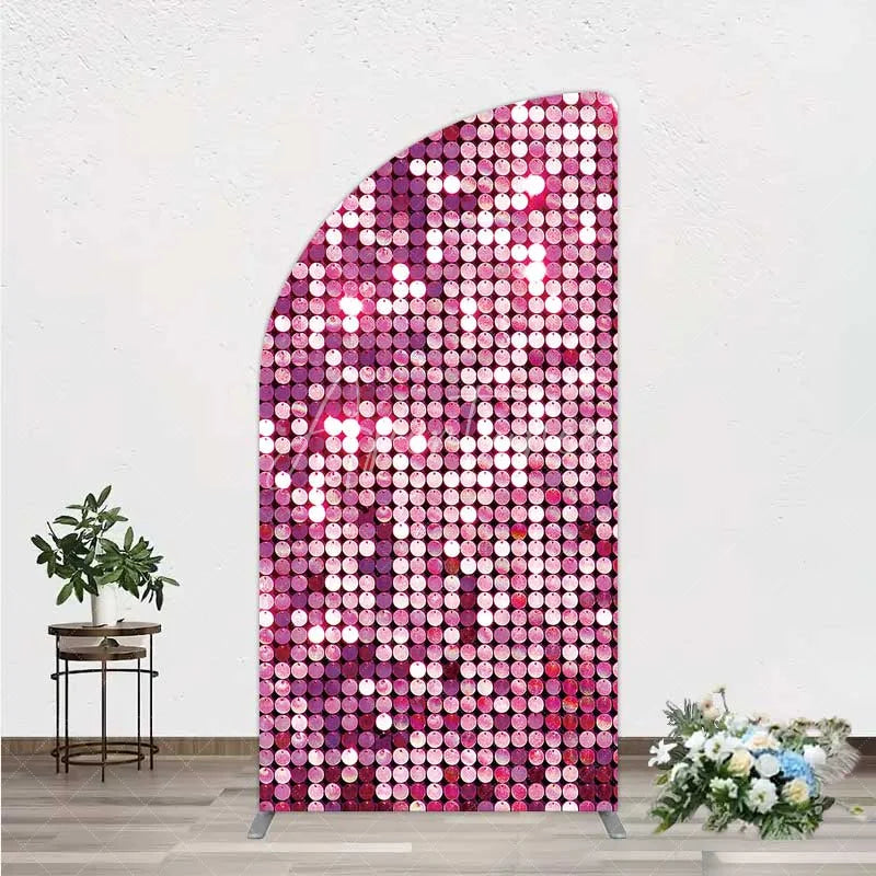 Aperturee - Aperturee Pink Sequin Half Moon Arch Backdrop Magenta Glitter Texture Photography Background for Party