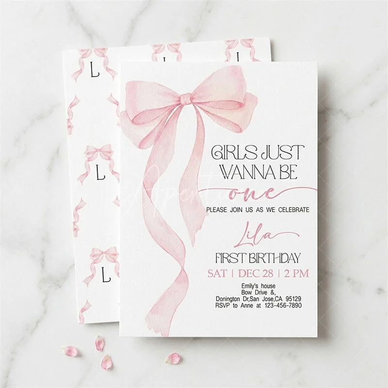 Aperturee - Aperturee Pink Set of 20 Bow Girls Just Wanna Be One First Birthday Custom Invitation Personalized Party Decor