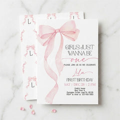 Aperturee - Aperturee Pink Set of 20 Bow Girls Just Wanna Be One First Birthday Custom Invitation Personalized Party Decor