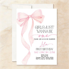 Aperturee - Aperturee Pink Set of 20 Bow Girls Just Wanna Be One First Birthday Custom Invitation Personalized Party Decor