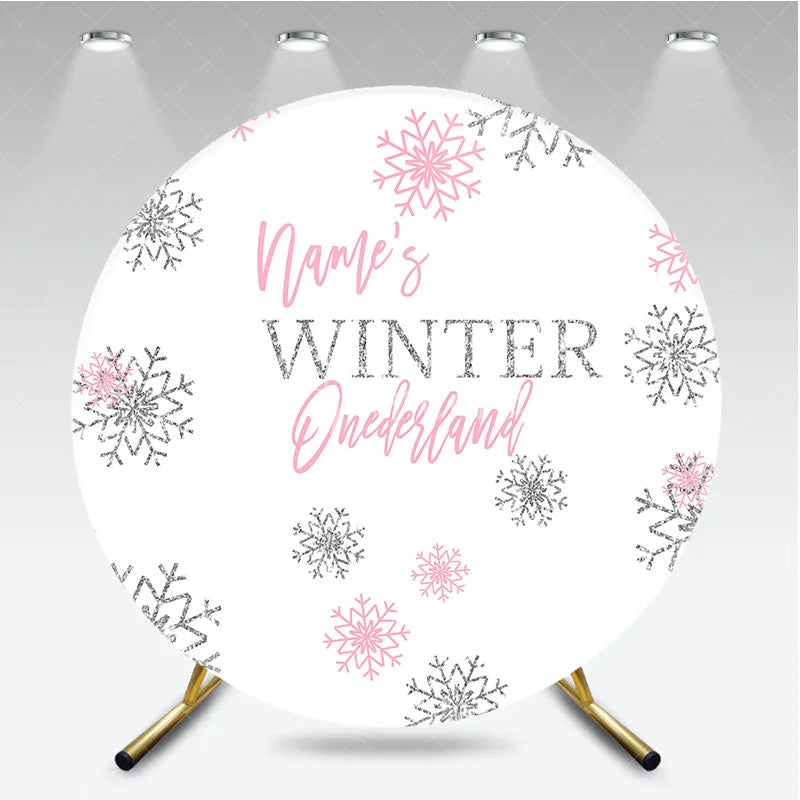 Aperturee - Aperturee Pink Silver Glitter Snowflake Round Backdrop Winter Onederland First Birthday Party Baby Shower Decor