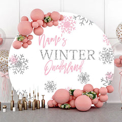 Aperturee - Aperturee Pink Silver Glitter Snowflake Round Backdrop Winter Onederland First Birthday Party Baby Shower Decor