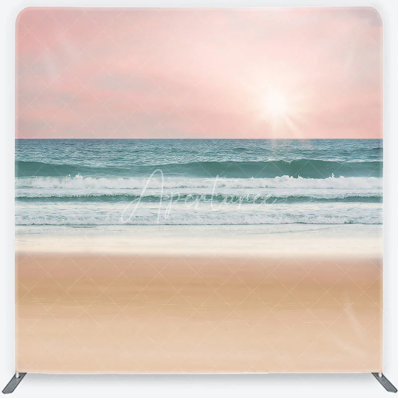 Aperturee - Aperturee Pink Sky Ocean Waves and Sandy Beach Square Double-Sided Backdrop Tranquil Summer Photography Prop